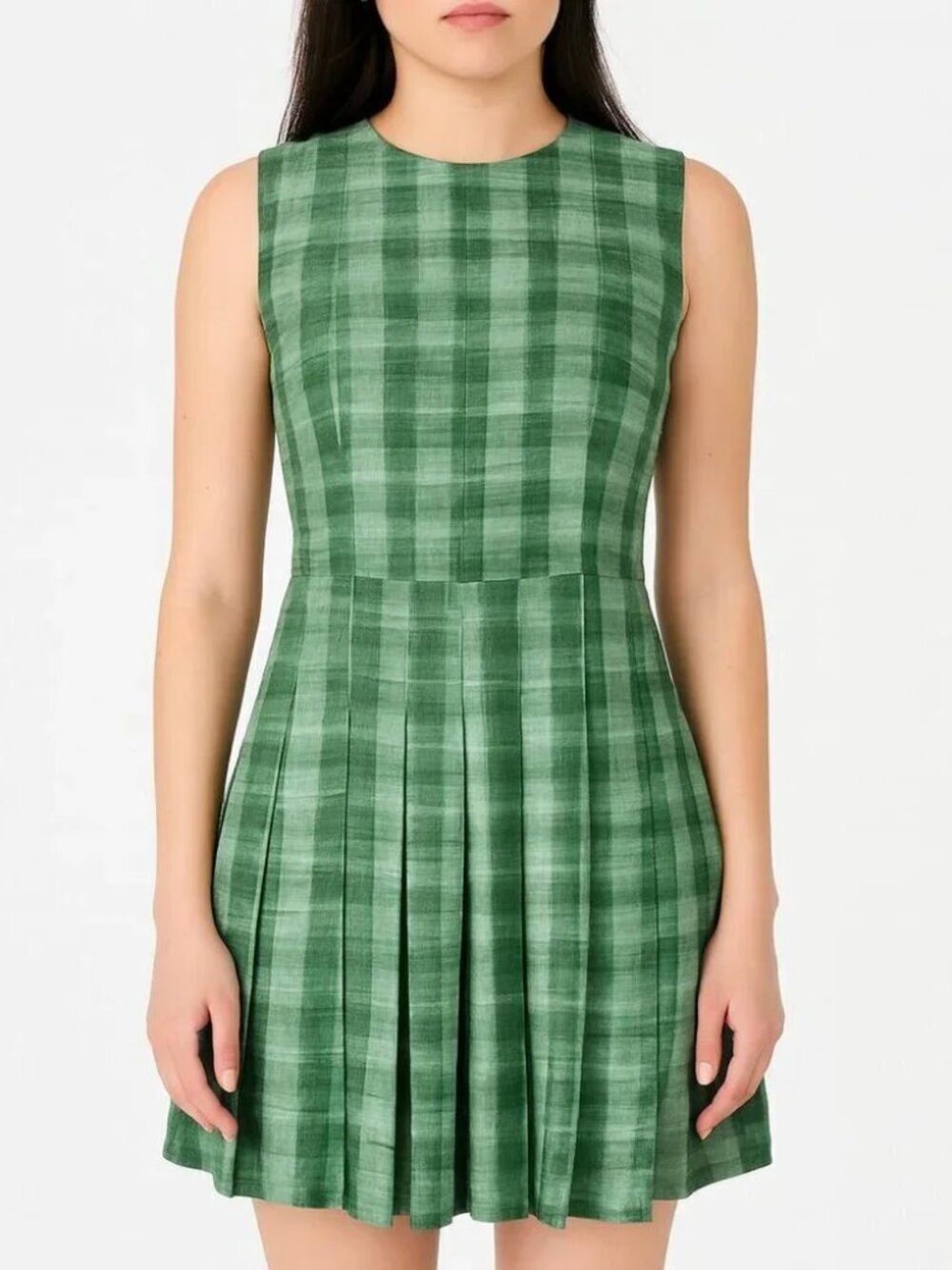Marc Jacobs Green Plaid Silk Pleated Sleeveless Dress Size 4